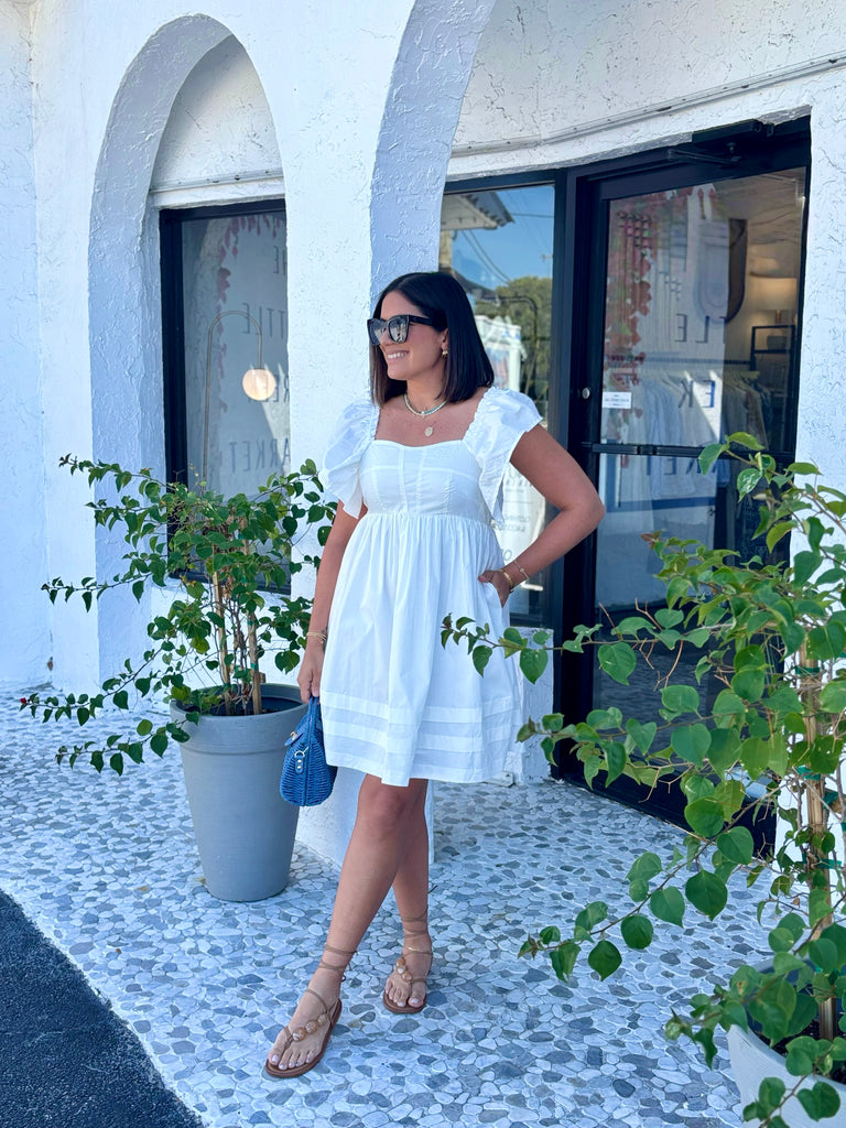 ESTELLE WHITE FLUTTER SLEEVE DRESS