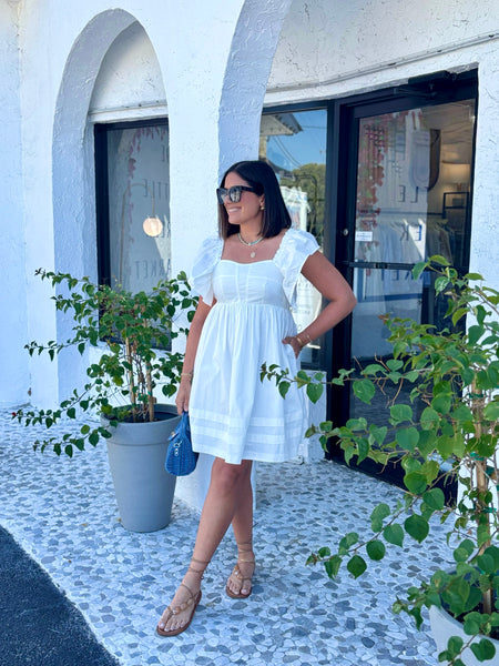 ESTELLE WHITE FLUTTER SLEEVE DRESS