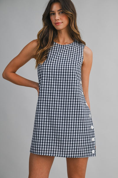 ALEXI SLEEVELESS GINHAM MINI DRESS