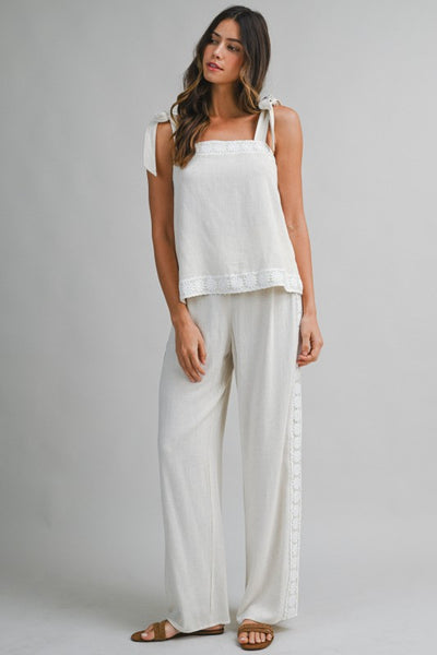 IRIS LACE TRIM LINEN WIDE LEG PANT