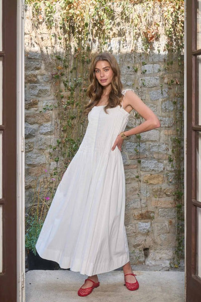 ADRIENNE PLEATED FRONT MIDI DRESS