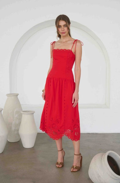 BRIENNE EYELET DETAIL SCALLOPED MIDI DRESS