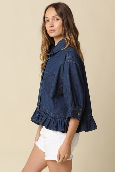 HAZEL RUFFLE HEM DARK DENIM TOP