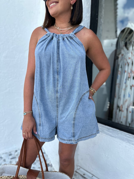 LEA TIE BACK DETAIL DENIM ROMPER