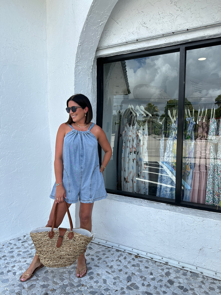 LEA TIE BACK DETAIL DENIM ROMPER