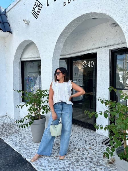 JOLENE RUFFLE TRIM SLEEVELESS BLOUSE
