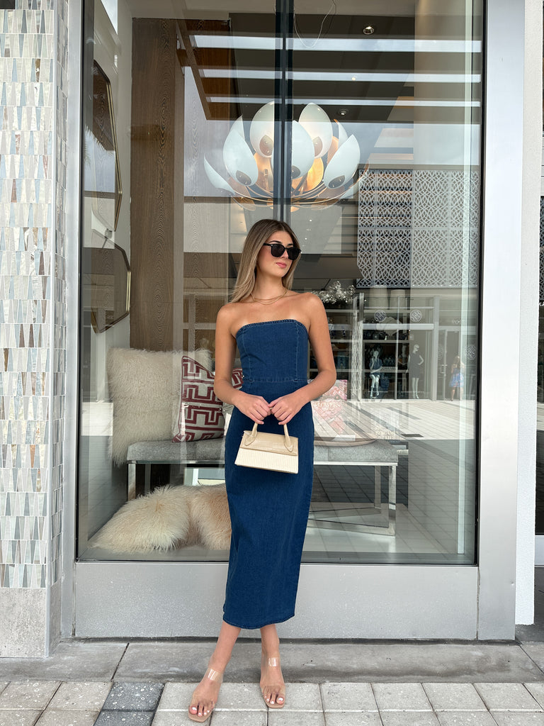 LOGAN STRAPLESS MAXI DENIM DRESS