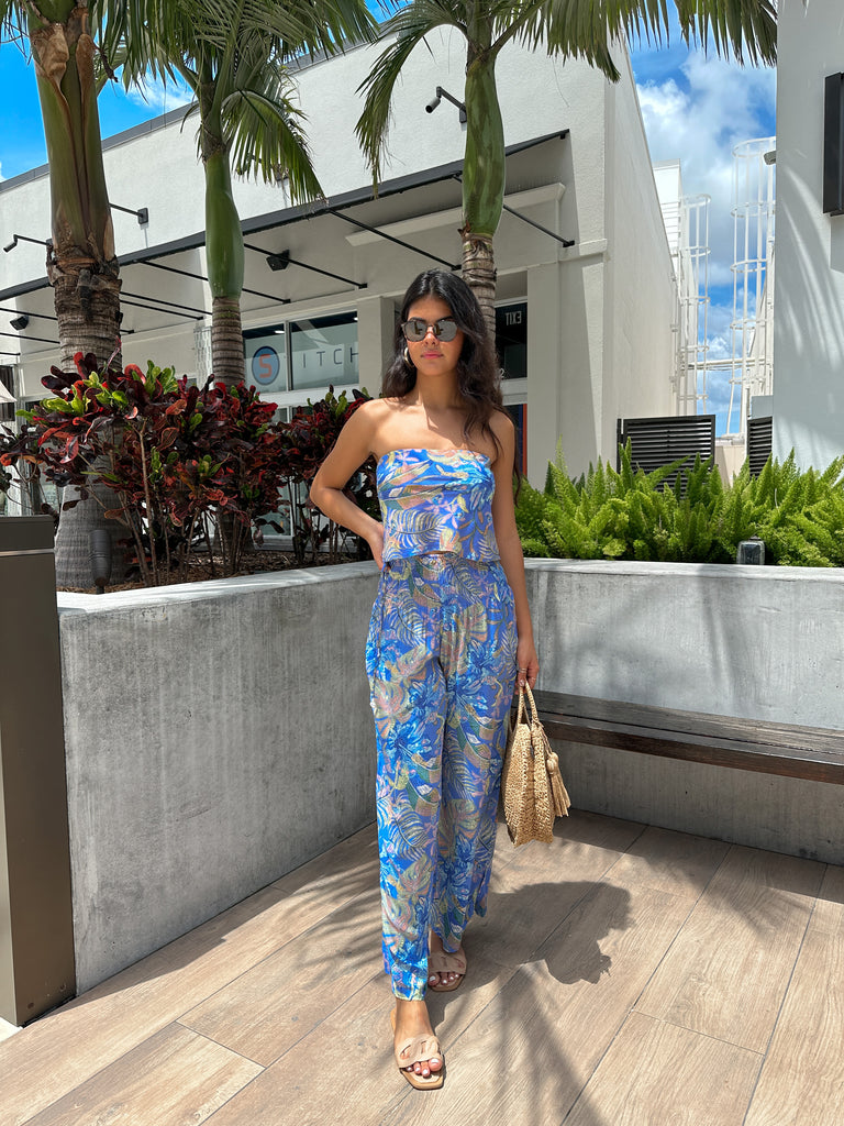 TAHITI TROPICAL PRINT WIDE LEG PANTS