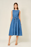 Mirabelle Belted Paneled Denim Midi Dress