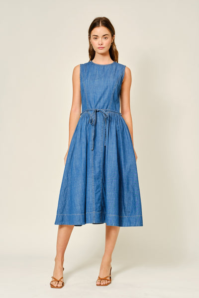 Mirabelle Belted Paneled Denim Midi Dress