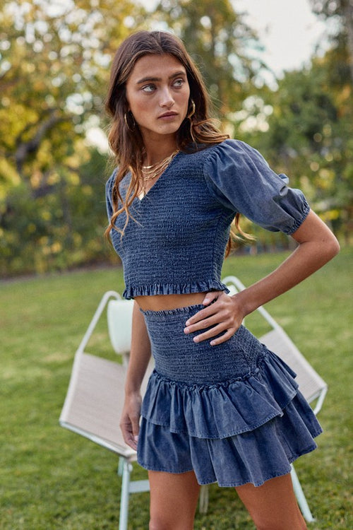 PENNY TIERED CHAMBRAY MINI SKIRT