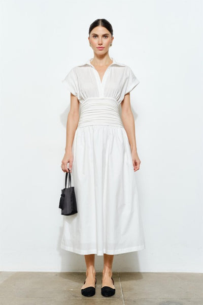 NATHALIE MIXED MATERIAL MIDI DRESS