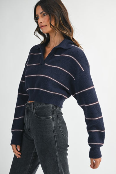 CODY COLLARED STRIPED KNIT SWEATER