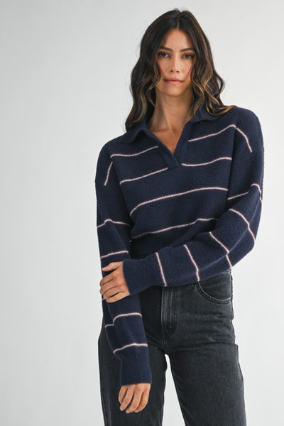 CODY COLLARED STRIPED KNIT SWEATER