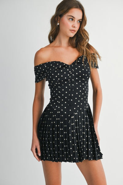 JOAN POLKA DOT OFF THE SHOULDER MINI DRESS