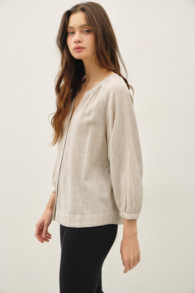 IVYLYNN PINSTRIPE BALLOON SLEEVE TOP