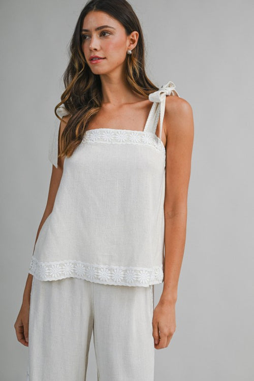 IRIS LACE TRIM LINEN SELF TIE TOP