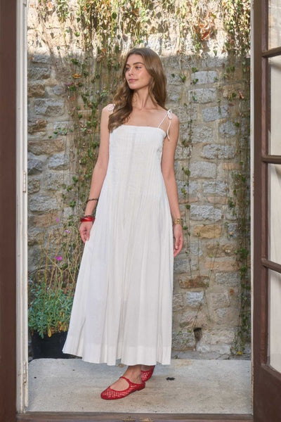ADRIENNE PLEATED FRONT MIDI DRESS