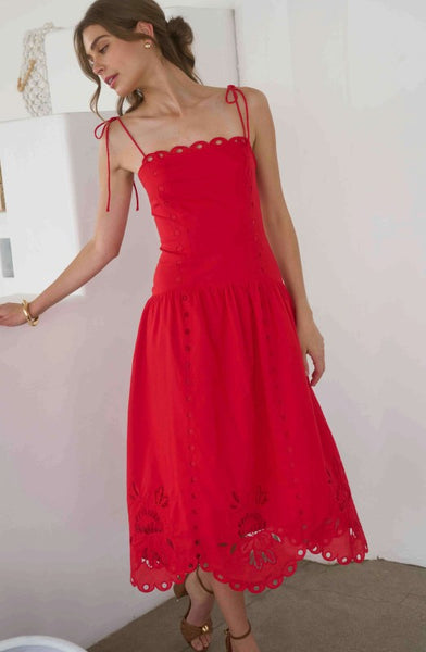 BRIENNE EYELET DETAIL SCALLOPED MIDI DRESS