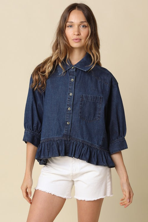 HAZEL RUFFLE HEM DARK DENIM TOP