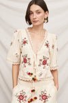 MARICELA FLORAL EMBROIDERED FRONT TIE BLOUSE