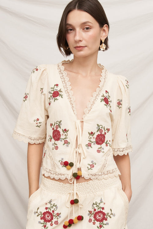 MARICELA FLORAL EMBROIDERED FRONT TIE BLOUSE