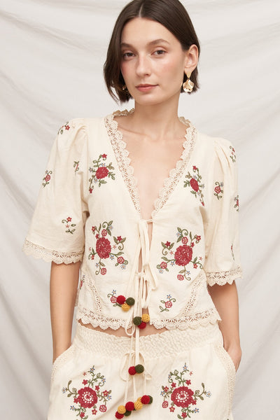 MARICELA FLORAL EMBROIDERED FRONT TIE BLOUSE