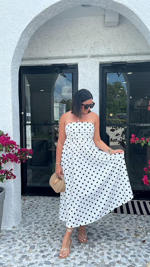 ANYA POLKA DOT STRAPLESS DRESS