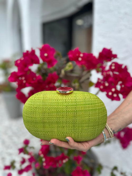 ZENDAYA STONE CLASP RAFFIA CLUTCH