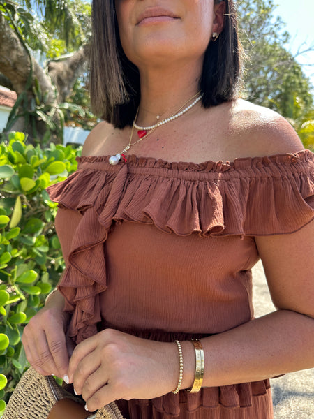 SEDONA SAND RUFFLE OFF SHOULDER TOP