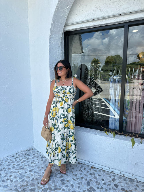 LEMON GARDEN TIERED MIDI DRESS