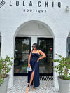 BEATRICE NAVY CORSETED MIDI DRESS