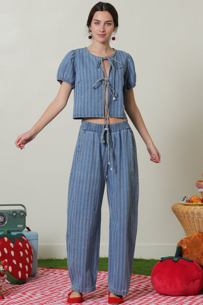 LEXI STRIPED DENIM PUFF SLEEVE TOP
