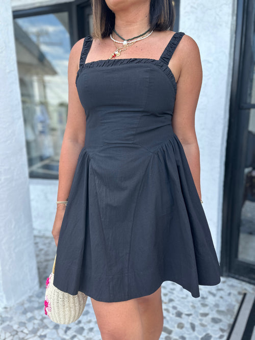 KAELI RUCHED WAIST SHIRRING FLARE DRESS