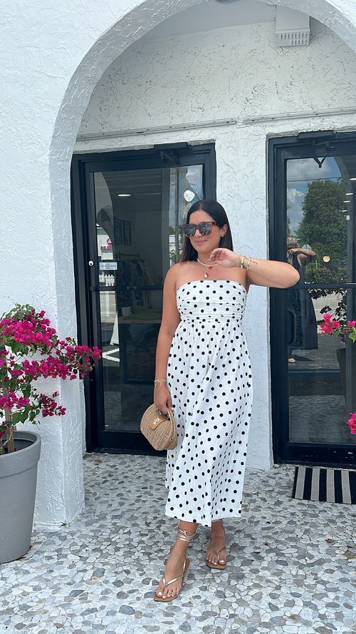 ANYA POLKA DOT STRAPLESS DRESS