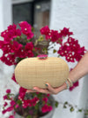 ZENDAYA STONE CLASP RAFFIA CLUTCH