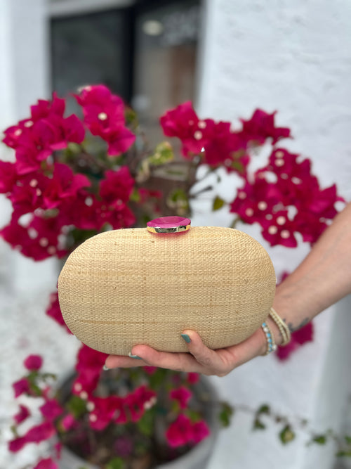 ZENDAYA STONE CLASP RAFFIA CLUTCH