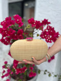 ZENDAYA STONE CLASP RAFFIA CLUTCH