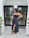BEATRICE NAVY CORSETED MIDI DRESS