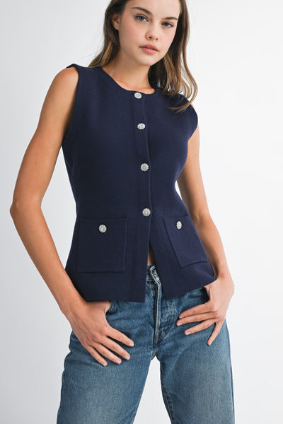 MICHELLE CRYSTAL BUTTON KNIT VEST
