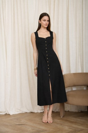 EVIE SWEETHEART NECKLINE LINEN MIDI DRESS