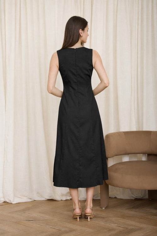 EVIE SWEETHEART NECKLINE LINEN MIDI DRESS