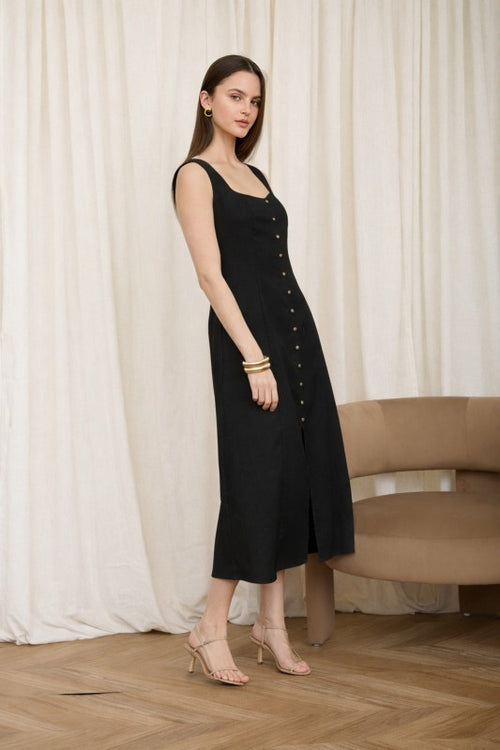 EVIE SWEETHEART NECKLINE LINEN MIDI DRESS