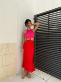 OLIVIA COLORBLOCK SATIN CUTOUT MAXI DRESS